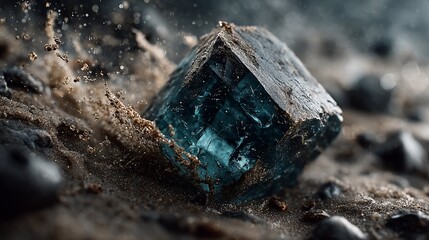 A crystalline blue cube sits amid earth, with sand/dirt spraying up in an abstract, dreamy composition