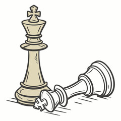 Vector art of handdrawn illustration of a chess game featuring a standing king and a fallen king, representing victory, defeat, and strategic gameplay