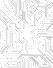 Intricate circuit board design in grayscale, showcasing complex network of interconnected lines and circular components.