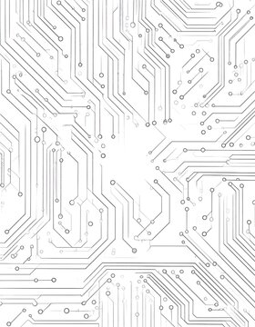 Intricate circuit board design in grayscale, showcasing complex network of interconnected lines and circular components.
