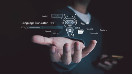 A person uses a smartphone to project a holographic AI language translator interface. The futuristic application displays multiple languages for real-time communication, showcasing advanced technology