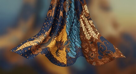 Exotic Batik Fabric with Intricate Patterns and Golden Accents, Flowing in a Softly Blurred Background