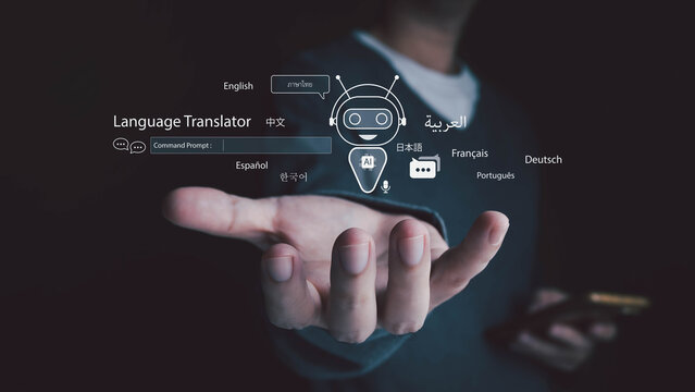 A person uses a smartphone to project a holographic AI language translator interface. The futuristic application displays multiple languages for real-time communication, showcasing advanced technology