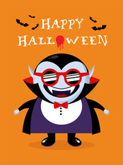Halloween greeting card with stylish cartoon Dracula vampire in sunglasses. Vector illustration