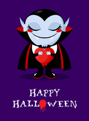 Halloween greeting card with cute cartoon Dracula vampire holding bloody heart. Vector illustration