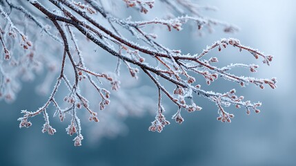 Delicate tree branches sparkle with frost, a winter's breath painting nature in ethereal beauty against a soft, muted blue backdrop.