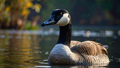 Obraz premium A close-up view of a Canada goose gracefully gliding on tranquil water, showcasing its striking black, white, and brown plumage.