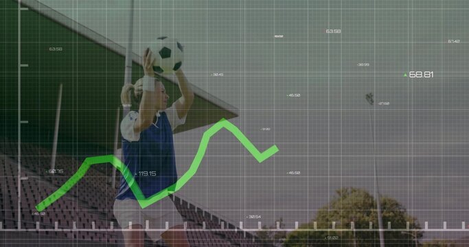Athlete in sportswear holding soccer ball above head before bleachers, with data overlay - Powered by Adobe
