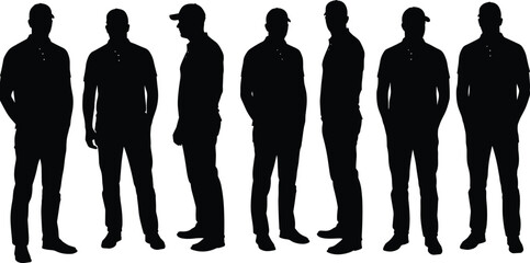 Silhouettes of Men Wearing Polo Shirts and Caps in Standing Poses, Vector Illustration for Fashion, Uniform, and Casual Wear Concepts
