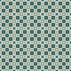 A fresh and modern seamless pattern featuring a mix of Batik Kawung and circular motifs in a stylish color palette of green and gray. The design is both classic and contemporary.