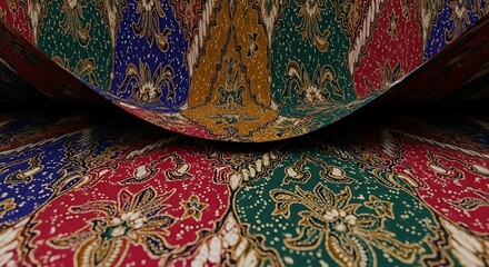 Abstract background of a traditional Indonesian batik fabric with a curved perspective, showcasing intricate floral and cultural patterns