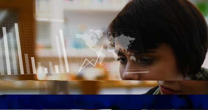 Analyst wearing jacket scarf studying hologram with bar charts line graph in office copy space
