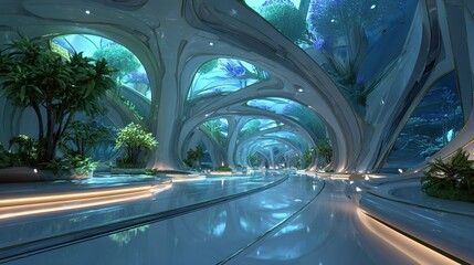 Fototapeta premium The organic, flowing interior of a futuristic space station with bioluminescent plants