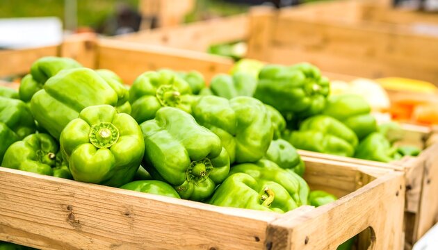 Fresh green peppers in wooden crates at a market (1)