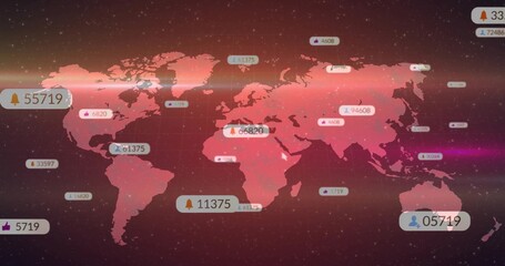 Naklejka premium Displaying see-through red world map floating on dark red grid, with data labels, icons, particles
