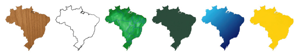 Obraz premium Brazil map set including wood texture, outline, topographic, solid color, and gradient versions isolated. Geography and country illustration.