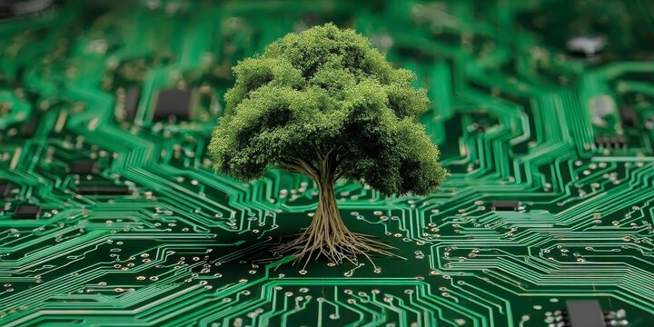 Futuristic Technology Merging with Nature Green Circuit Board and Sustainable Ecology Concept