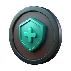 Fototapeta premium 3d rendering of a dark round coin with green shield and plus symbol for health and safety transparent background