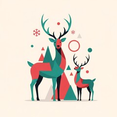 Geometric styled deer family with snow and shapes. Christmas and new year card concept. Modern holiday season design.
