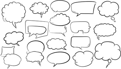 Various black line art comic style thought and speech bubbles are displayed on a white background.