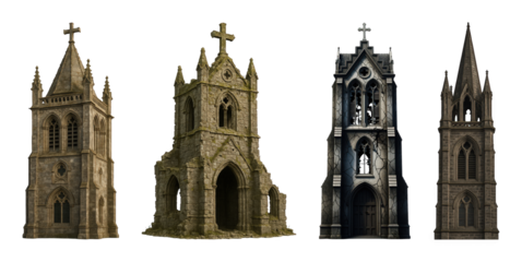 Gothic church tower set including intact, ruined, and cracked stone designs isolated. Architectural elements for fantasy or historical themes.
