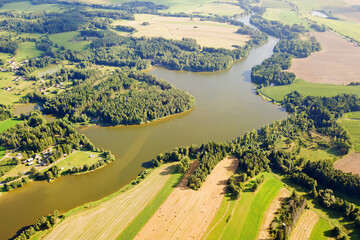 Aerial view of pond Komornik in South Bohemia, Czech republic, Europe. Beautiful nature for summer holidays called Czech Canada.