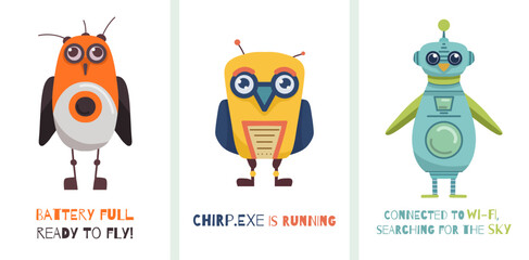 Vector illustration of cartoon robots and robotic birds with funny quotes. Bright playful design, ideal for children s books, posters, cards, and digital projects in flat style.