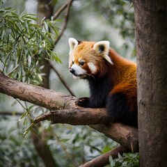 A captivating red panda, with its fiery fur and alert gaze, perches gracefully on a tree branch, its surroundings blurred with soft focus to highlight the creature in this enchanting nature scene.