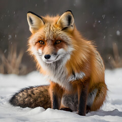 Obraz premium A captivating portrait of a majestic fox, its vibrant red fur contrasted against the snowy landscape, with keen eyes that tell a story of wilderness.