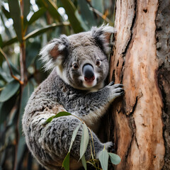 Obraz premium A fluffy koala clings to a tree branch, a symbol of the wonders of the natural world, creating a serene image.
