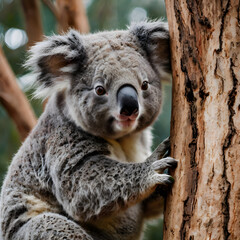 Obraz premium An adorable koala bear clings to the rough bark of a tree trunk. This charming image showcases the furry creature's unique features and natural habitat.