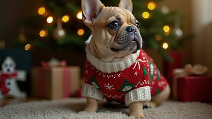 French bulldog puppy in festive holiday sweater near Christmas tree, French bulldog puppy is celebrating Christmas by wearing red sweater with reindeer near presents. - Powered by Adobe