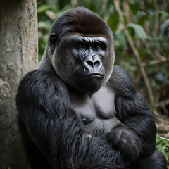 Naklejka premium A majestic gorilla surveys its domain, its strong form and intense gaze reflecting the untamed spirit of the wild. An impressive image showcases the animal's power and beauty.