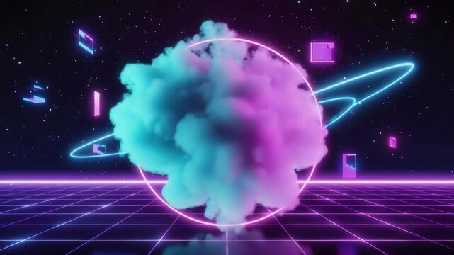 3D sci-fi neon abstract fractal multi-colored cloud orbiting dynamic neon polygon ring, glowing trails, retro grid holographic tech cyberpunk futuristic synthwave, 4K loopable animation