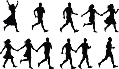 Silhouettes of People Walking, Running, and Holding Hands, Active Group Outdoors, Fitness, Friendship, Movement, Exercise, Health, Togetherness, Dynamic Vector Illustration