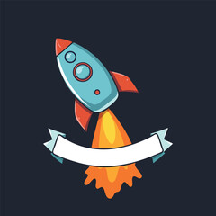 A cartoon rocket ship is blasting off in this flat vector design  leaving a trail of smoke that forms a banner for a name.