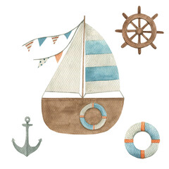 Watercolor set with ship, anchor, steering wheel. Hand drawn isolated  illustration on white background