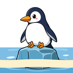 Fototapeta premium A cute penguin is cleanly illustrated in a flat vector style standing on an iceberg that serves as a banner.