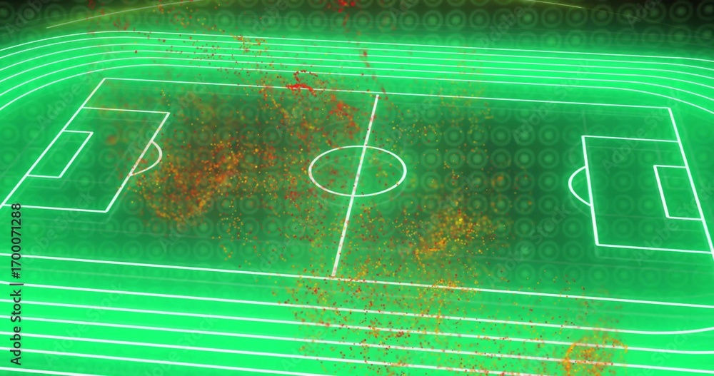 Aufkleber displaying neon green soccer pitch outlines in digital field with track lanes and particle clusters