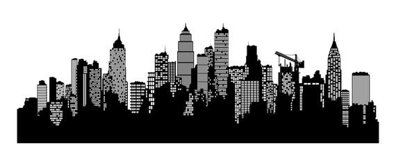 black and white silhouette of a big city or a city panorama without a background.