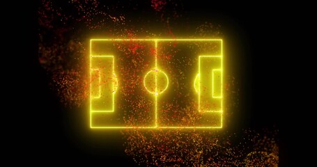 Glowing neon soccer pitch graphic floating in dark digital void, with red-orange particle effects