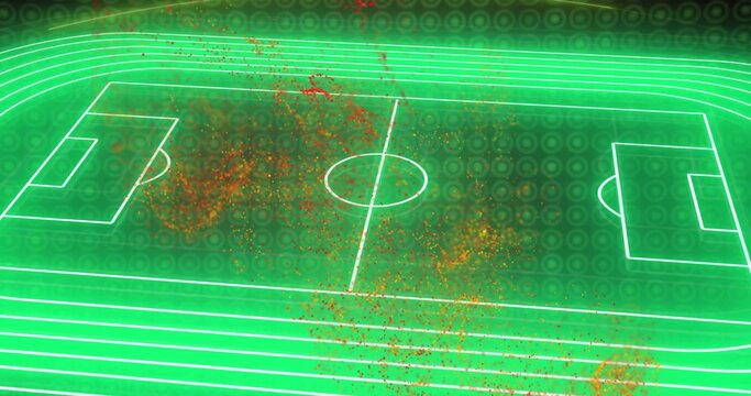 Fototapeta Displaying neon green soccer pitch outlines in digital field with track lanes and particle clusters