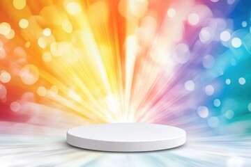 Vibrant rainbow display background with glowing sparkles and spotlight stage
