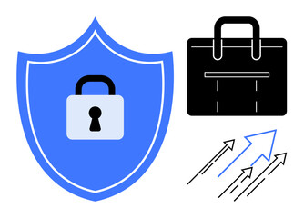 Blue shield with lock icon, black briefcase, and upward arrows. Ideal for security, business, data protection, growth, corporate strategy, success entrepreneurship simple flat metaphor