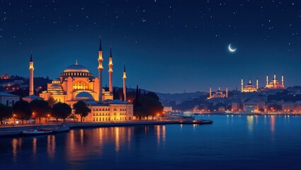 Obraz premium Panorama ilustrado de Estambul por la noche con Santa Sofía, el Bósforo resplandeciente y minaretes decorativos