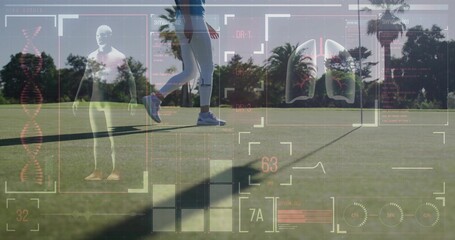 Striding woman wearing sportswear across putting green, with HUD showing 3D model and DNA helix
