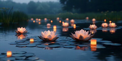 Obraz premium Illuminated lotus flowers and lanterns float on tranquil water at dusk reflecting soft light