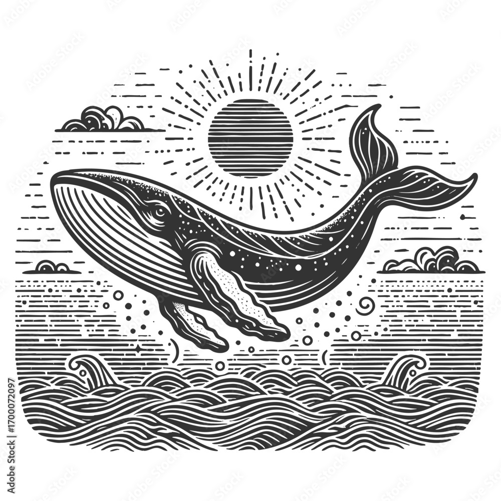 Poster whale breaching the sea, surrounded by splashing waves and flying seabirds in retro style sketch eng