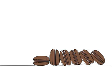 Continuous line drawing of chocolate macarons in a row, symbolizing National Chocolate Macaron Day with a food concept style that merges minimal art and French dessert elegance.