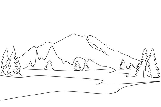 A continuous line drawing of Chimborazo mountain framed by pine trees, highlighting Ecuador’s Andes beauty with a nature concept for international Chimborazo Day celebration and cultural awareness.